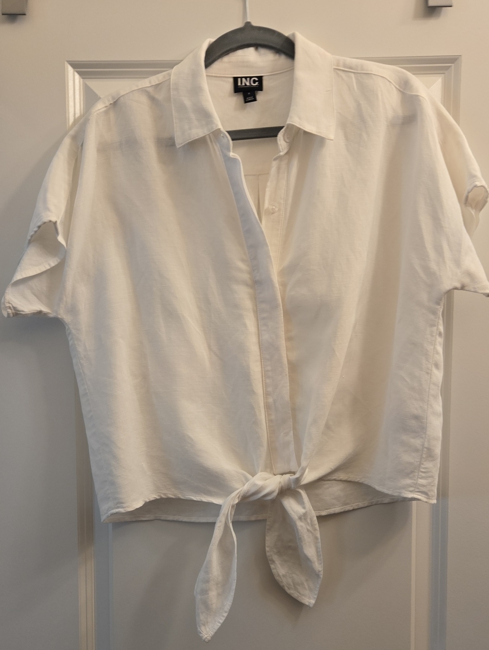 INC International Concepts White Tie-Front Short Sleeve Shirt